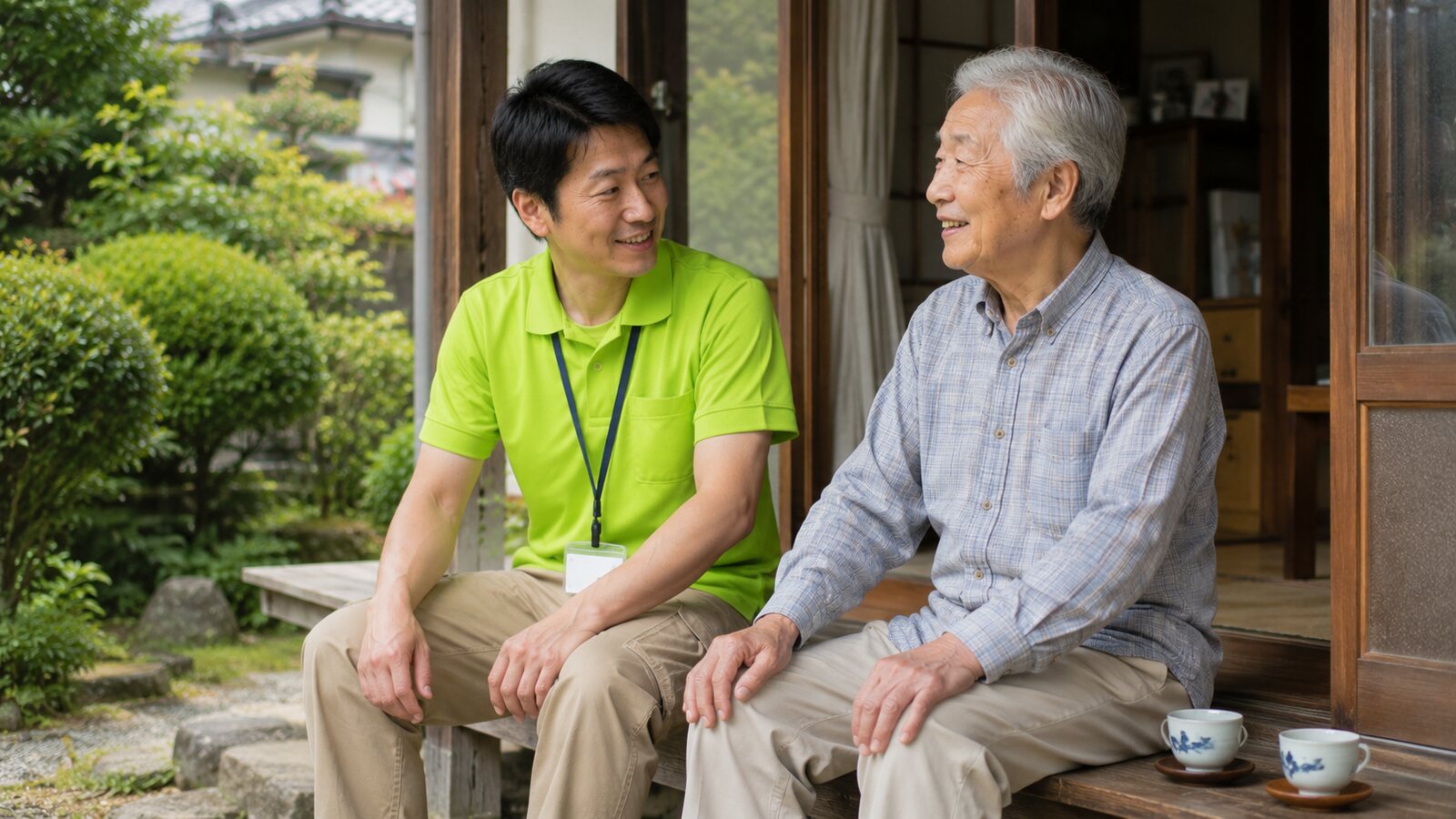 庭先での見守りと会話のサービス風景イメージ
