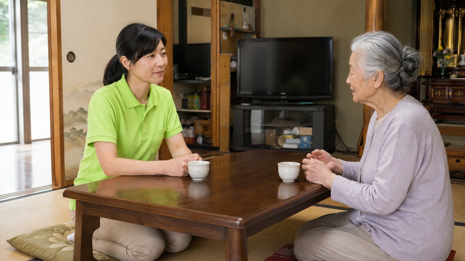 高齢者のお話を聞くスタッフ